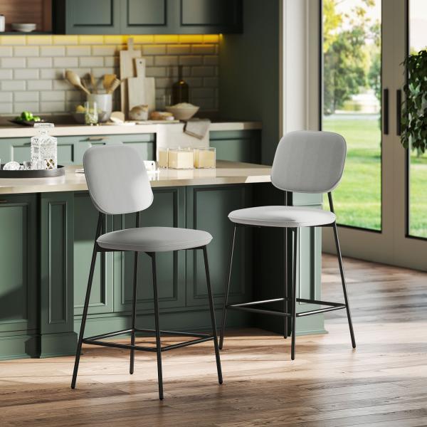 Conjunto de 2 Bancos de Bar Bancos Altos de Cozinha com Apoio para os Pés Estofados em Veludo 45x49x102 cm Cinza Claro