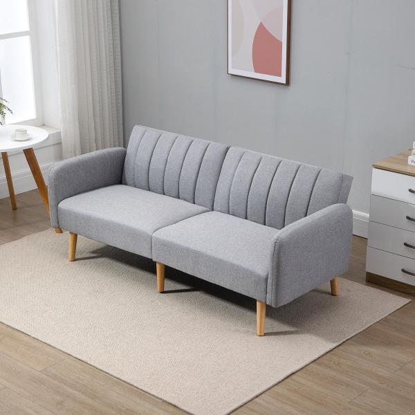 Sofá Cama de 2 Lugares com Encosto Ajustável em 3 Posições Apoio para os Braços Desmontável e Pés de Madeira Sofá Duplo Moderno para Sala de Estar Escritório 173x75x73cm Cinza