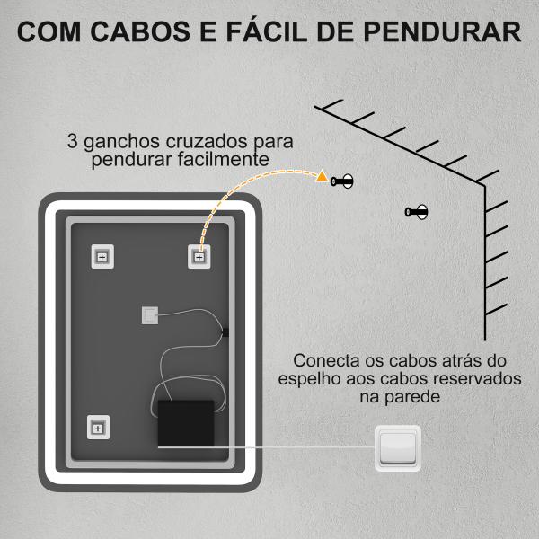 Espelho Casa de Banho com Luzes LED 60x80 cm Função Antiembaciamento 3 Temperaturas de Cor Ajustável e Função de Memória
