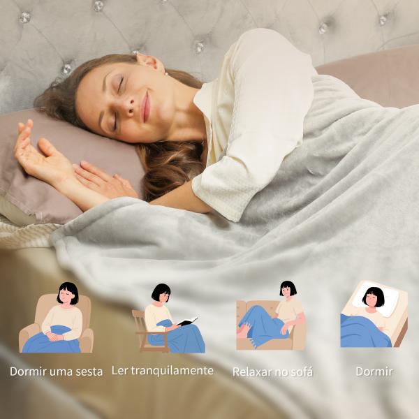 Manta Elétrica 180x130 cm Manta Térmica com Tecido Suave 10 Níveis de Temperatura e Temporizador Cinzento