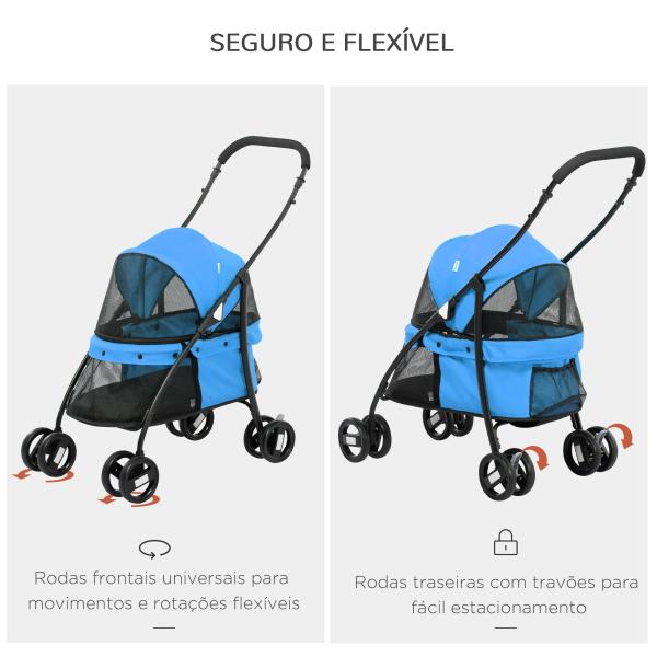 Carrinho para Animais de Estimação Dobrável com Janela de Malha Almofada Lavável Arnês de Segurança 82x47x97cm Azul