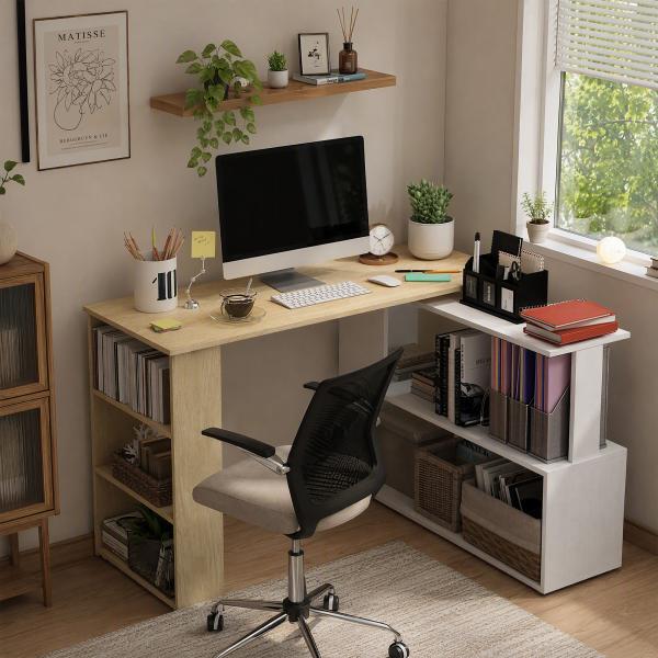 Mesa de Computador Secretária Mesa de Canto Giratória 360° com 5 Prateleiras 120x110x74,5 cm Madeira e Branco