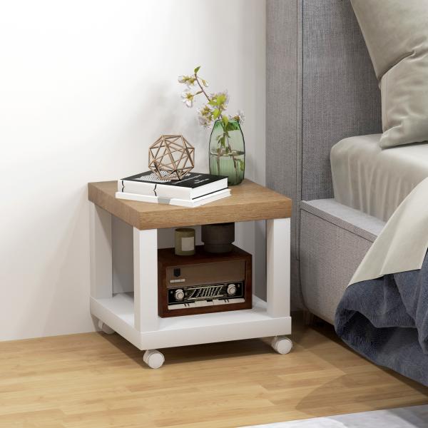 Mesa Auxiliar com Rodas Mesa Auxiliar com Prateleira Aberta para Sofá Dormitório 40x40x40 cm Branco e Madeira