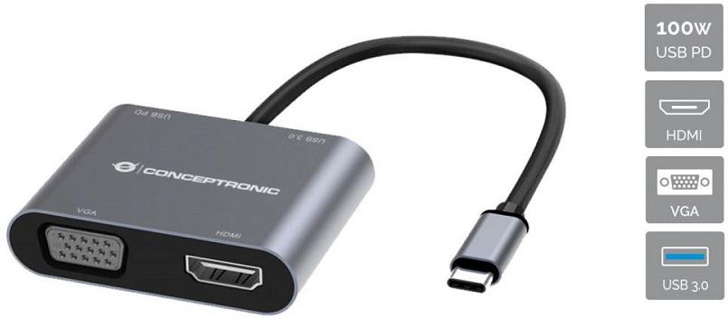 Conversor Docking Station USB - C 4 - EM - 1 - HDMI + VGA - CONCEPTRONIC