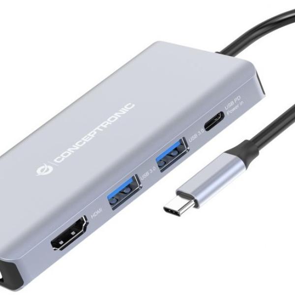 HUB USB - C 10 - EM - 1 (HDMI / VGA / USB - C / 2x USB 3.0 / Micro SD/ TF/ Jack / RJ45) - CONCEPTRONIC