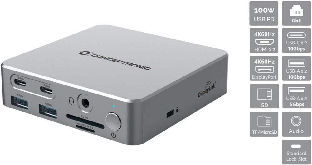Docking USB - C 15 - EM - 1 (4xUSB/2xHDMI/2xUSB - C/SD/MicroSD/RJ45/DisplayPort/Jack) - CONCEPTRONIC