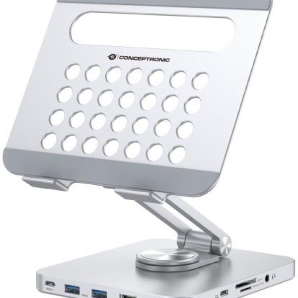Docking Station USB - C 8 - EM - 1 c/ Suporte Dobrável p/ Tablet (Prateado) - CONCEPTRONIC