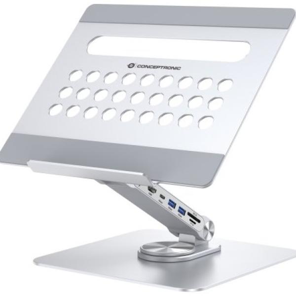 Docking Station USB - C 7 - EM - 1 c/ Suporte Dobrável p/ Tablet (Prateado) - CONCEPTRONIC