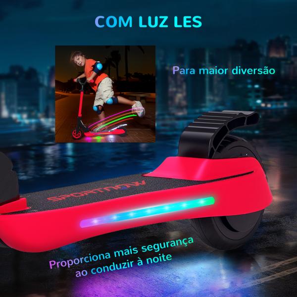 Trotinete Elétrica Dobrável para Crianças 120 W Autonomia 6 km e Máximo 10 km/h com Travão Luzes LED 74x52x83 - 87 cm Vermelho