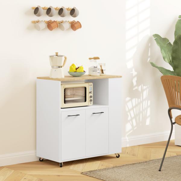 Carrinho de Cozinha com Rodas 2 Portas Prateleira Ajustável e Porta - Especiarias 75x40x80,5 cm Branco e Carvalho
