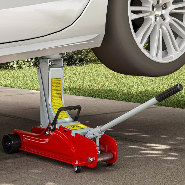 Macaco Hidráulico para Carro 2,5T Altura de Elevação 80 - 380 mm com Perfil Baixo e Rodas para Automóvel SUV Vermelho