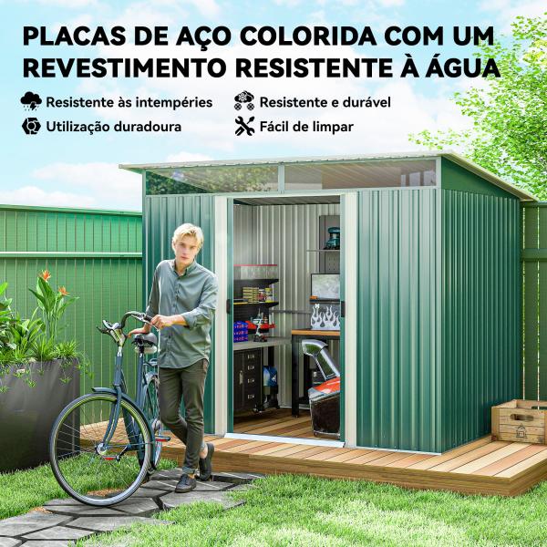 Abrigo de Jardim 4,5 m² 260x194x200 cm Abrigo Exterior Metálico com 2 Portas Deslizantes para Armazenamento de Ferramentas Verde
