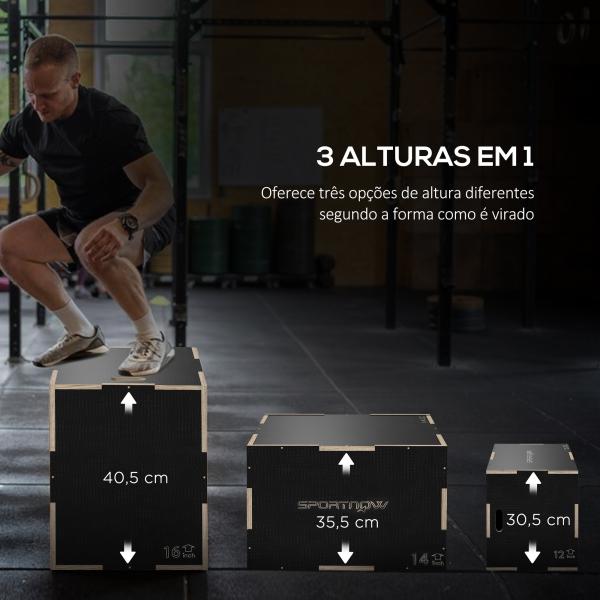 Caixa Pliométrica com 3 Alturas Diferentes para Treino de Força em Casa Ginásio CrossFit Carga 120 kg 40,5x35,5x30,5 cm Preto
