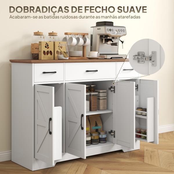Aparador de Cozinha Rústico 4 Prateleiras de Porta Prateleiras Ajustáveis 3 Gavetas 120x38x87 cm Branco e Nogueira