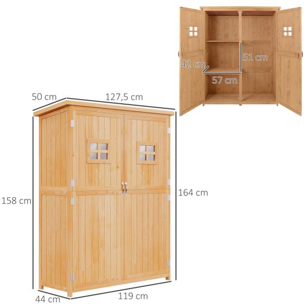 Abrigo de Jardim para Ferramentas Armário de Madeira para Exterior com Prateleira Dupla Porta Janelas e Teto Asfáltico 127,5x50x164cm Madeira