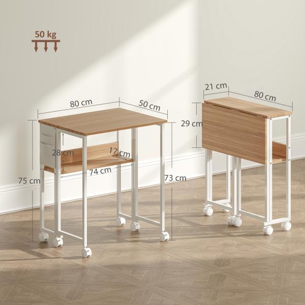 Secretária Dobrável com Rodas e Prateleira Mesa Secretária Compacta com Bolsa de Armazenamento 80x50x75 cm Madeira e Branco