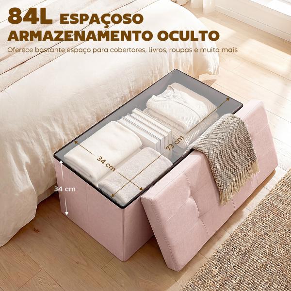 Puff de Arrumação Banco Dobrável 84 L 76x38x38 cm Estofado em Linho Sintético, Baú de Arrumação Rosa