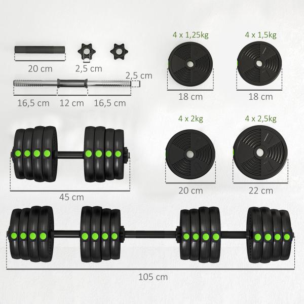 Kit de Halteres 30 kg 2 em 1 Jogo de Pesos com Barra de Pesos Pega Antiderrapante para Treino de Força Preto e Verde