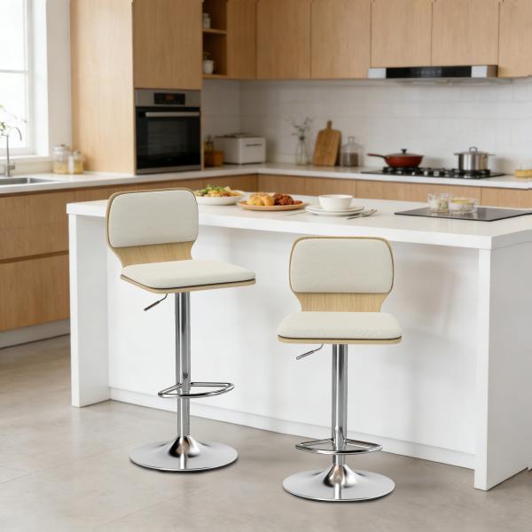 Conjunto de 2 Bancos de Bar Giratórios com Altura Ajustável Estofados em Tecido Tipo Linho com Base em Aço 41x47,5x81 - 102 cm Bege