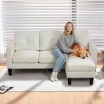 Sofá Chaise Longue Sofá em Forma de L Estofado em Poliéster Sofá de Canto Reversível 186x130x84 cm Creme