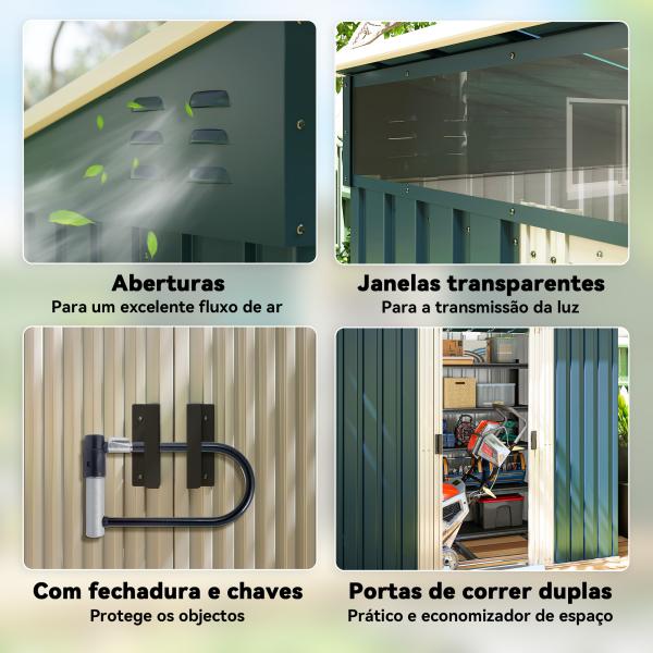 Abrigo de Jardim 2 m² 195x122x181,5 cm Abrigo de Armazenamento Metálico com Porta de Correr e 2 Janelas Verde