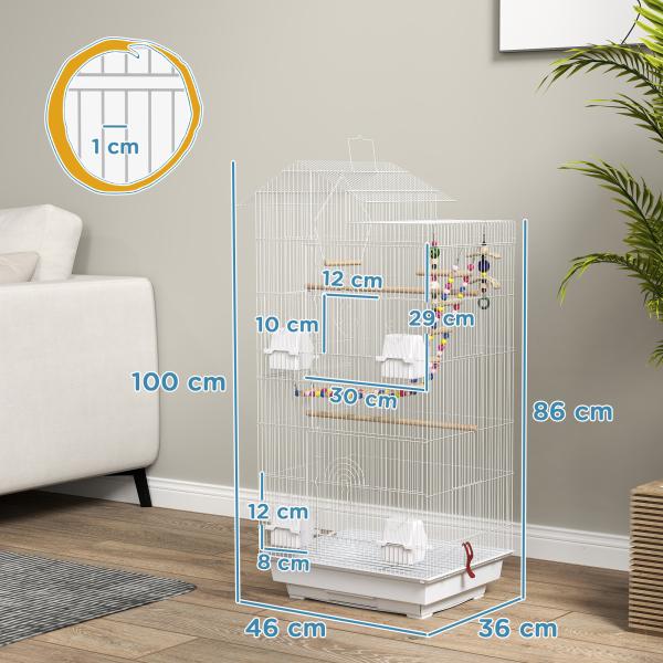 Gaiola para Passáros de Metal com Portas 4 Comedouros 3 Poleiros Baloiço Escadas e Bandeja Removível 46x36x100 cm Branco