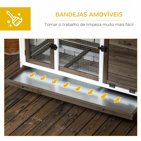 Coelheira de Madeira com Rodas para 1 - 2 Coelhos com Teto Abatível Bandeja Amovível 108x58x73,5cm Marrom Café e Branco