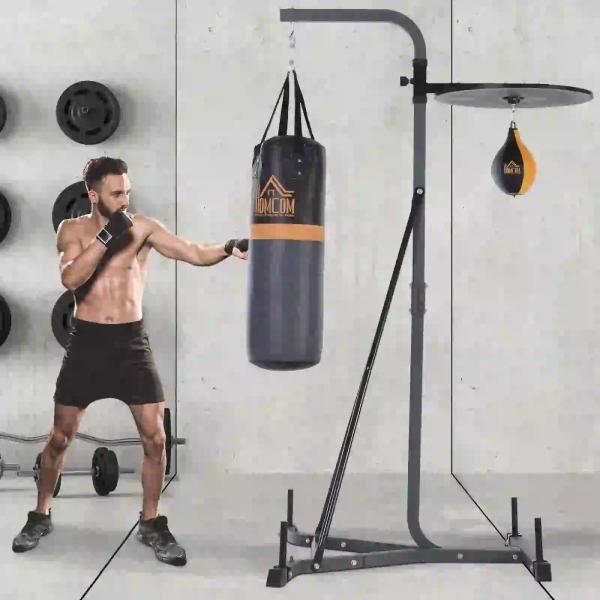 Saco de Boxe Suspenso com Suporte Bola de Velocidade Ajustável em Altura de 167 - 187cm e Inflador para Treinamento Fitness em Casa Ginásio 115×157×221 cm Preto e Cinza