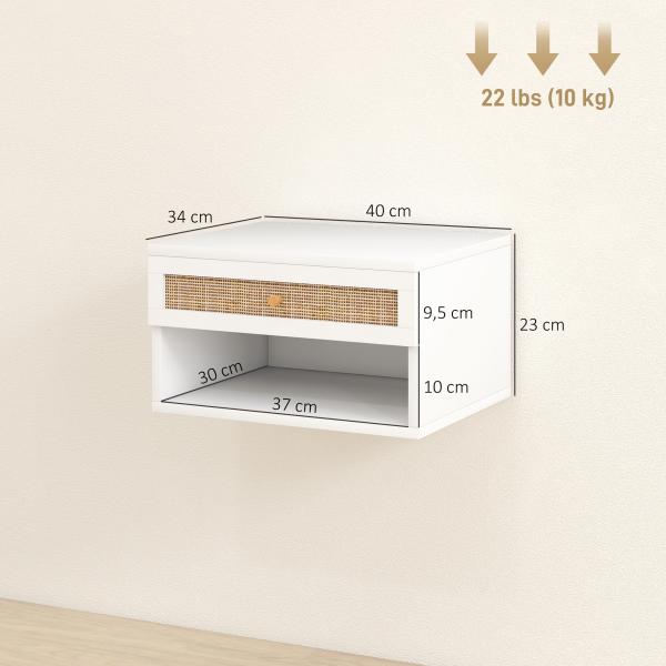Conjunto de 2 Mesas de Cabeceiras Suspensas com Compartimento Aberto e Gaveta com Frente em Vime 40x34x23 cm Branco