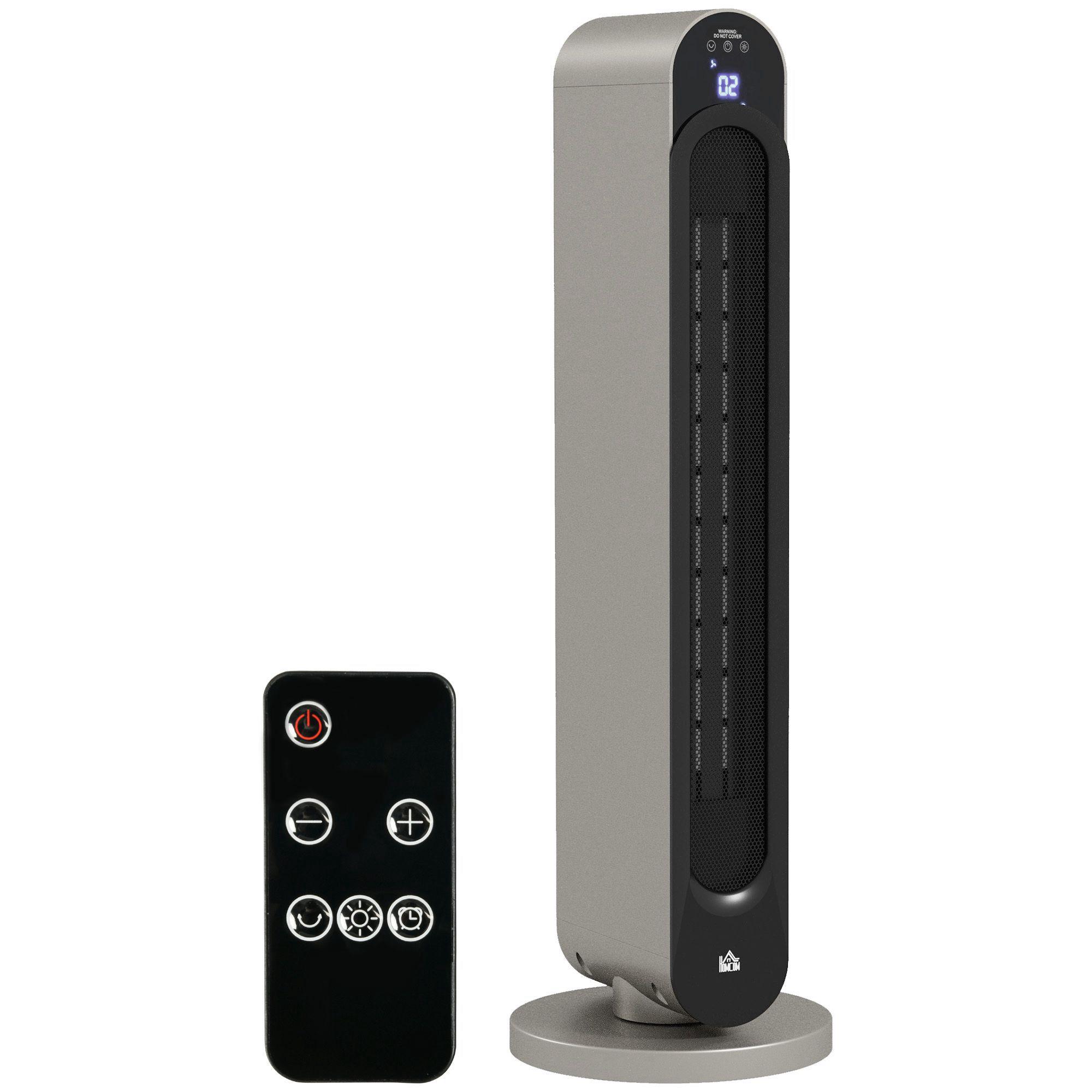 Aquecedor Cerâmico de Torre 1100/2200W com Controlo Remoto Ecrã LED Temporizador de 12h Termostato 3 Modos Ø25x73,5 cm Prata e Preto