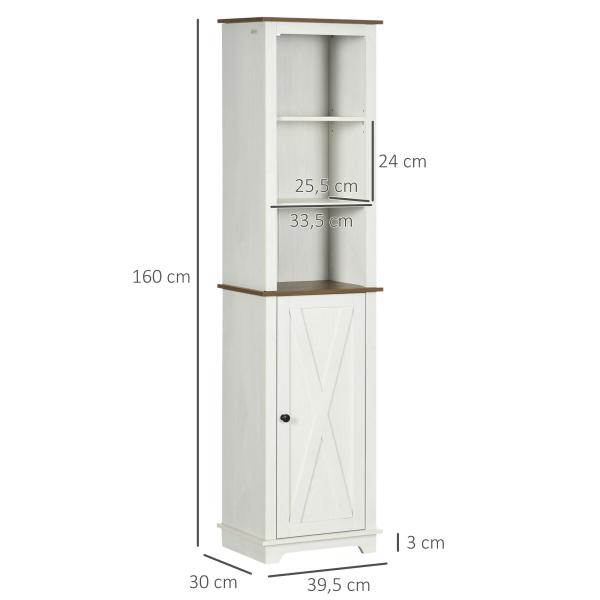 Coluna Casa de Banho com 3 Compartimentos Porta e Prateleira Ajustável 39,5x30x160 cm Branco e Madeira
