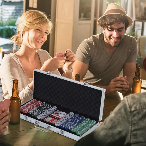 Mala de Poker Profissional com 500 Fichas Jogo de Poker com Mala de Alumínio 5 Dados 2 Baralhos de Cartas e 1 Ficha de Dealer 55,5x22x6,5cm Multicor