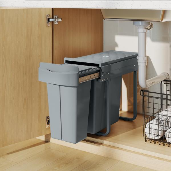 Balde do Lixo Sob Lavatório Balde do Lixo de Cozinha com 2 Contentores de Reciclagem Extraíveis 20L+10L 52x26x40,8 cm Cinzento