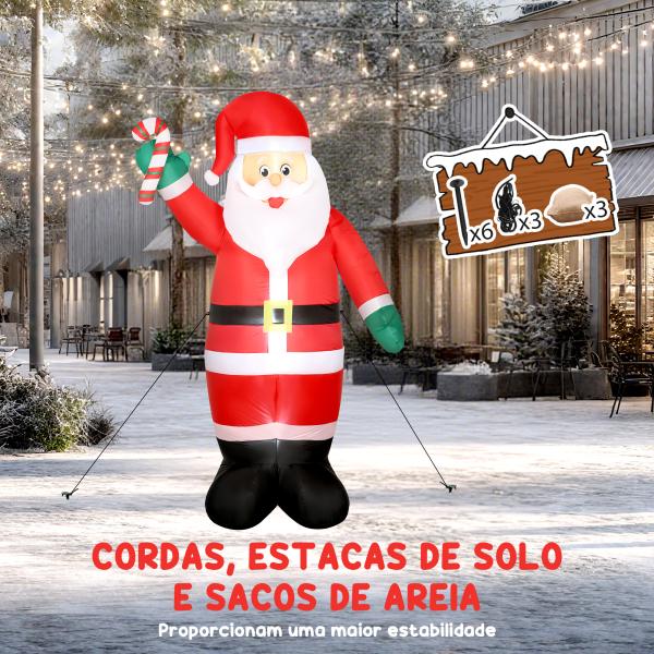 Pai Natal Insuflável 240 cm com Bastão Luzes LED e Inflador Elétrico Decoração Natalícia para Exteriores e Interiores Multicor
