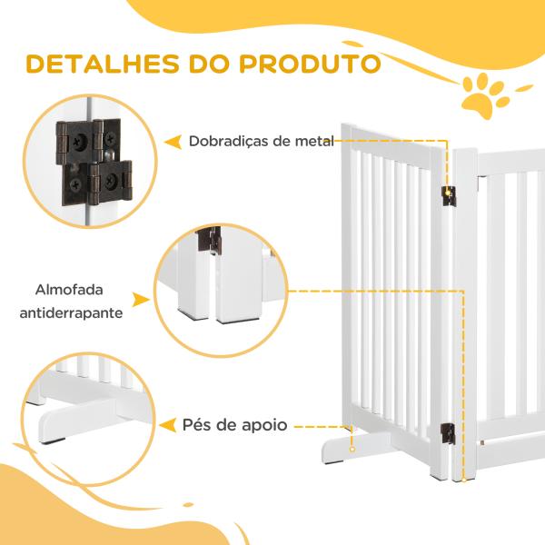 Barreira para Cães de Madeira Barreira para Animais de Estimação Dobrável de 3 Painéis com 1 Porta e Pés de Apoio 155x35,5x76 cm Branco