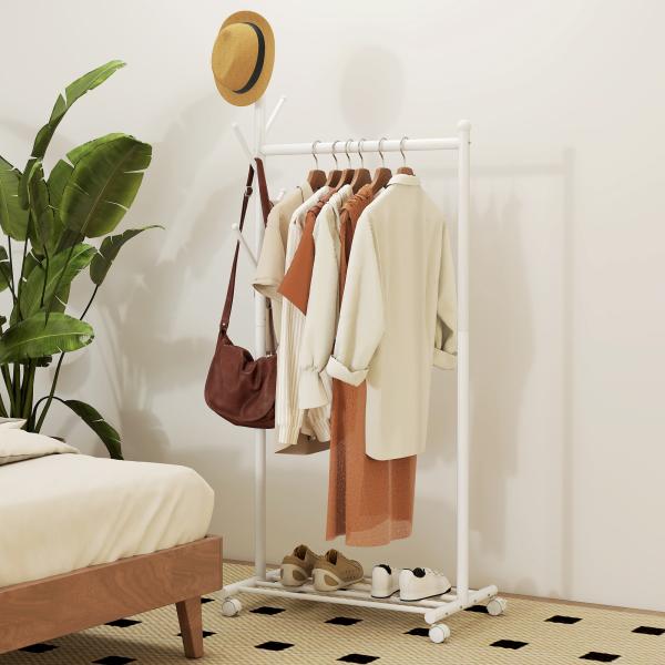 Charriot com Rodas 5 Ganchos Barra para Pendurar e Prateleira Inferior 68x43x171 cm Branco