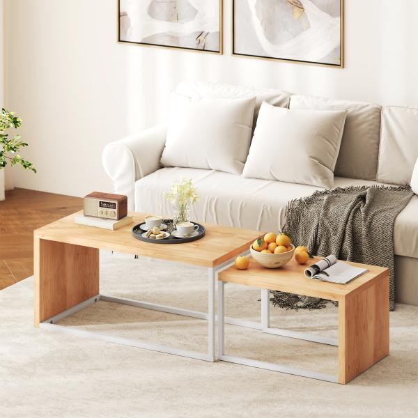 Conjunto de 2 Mesas de Centro com Pés de Metal Estilo Industrial 90x48x42 cm e 59x42x36 cm Branco e Madeira
