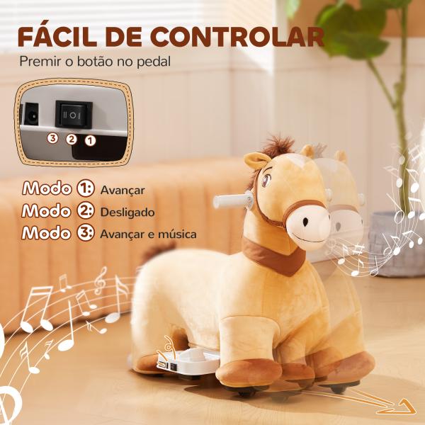 Cavalo Elétrico para Crianças de 18 a 36 Meses Cavalo de Brincar Elétrico com Bateria 6V e Música 69x34x53 cm Marrom