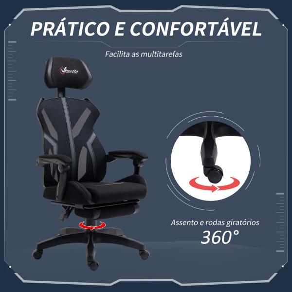 Cadeira de Gaming com Apoio para os Pés Retrátil Cadeira de Escritório Reclinável com Apoio para a Cabeça e Altura Ajustável 65x65x119 - 129cm Preto