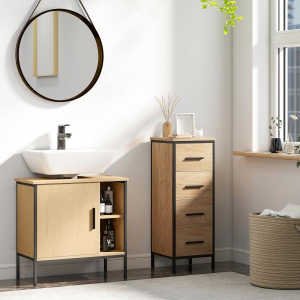 Móvel para Lavatório Pousar Móvel de Casa de Banho com Porta e Prateleira Ajustável para Lavatório com Pedestal 60x30x59,5 cm Madeira e Preto