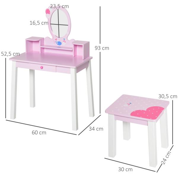Toucador Infantil com Banco e Espelho Mesa de Maquilhagem Infantil Estilo Princesa de Madeira 59x39x92cm Rosa
