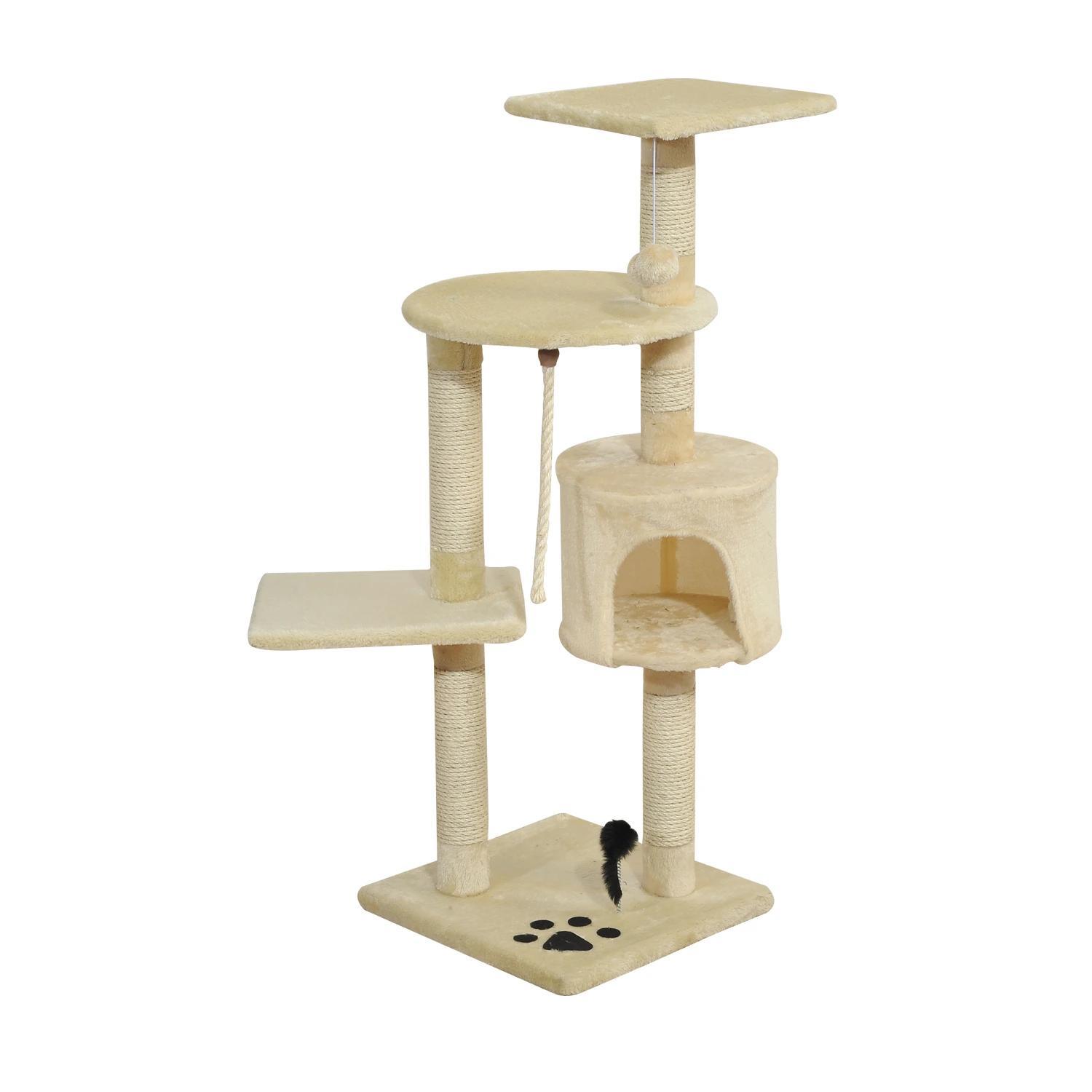 Árvore Arranhador para Gatos com 4 Níveis Poste de Sisal Caverna Plataformas e Brinquedos Divertidos 75x40x112 cm Bege