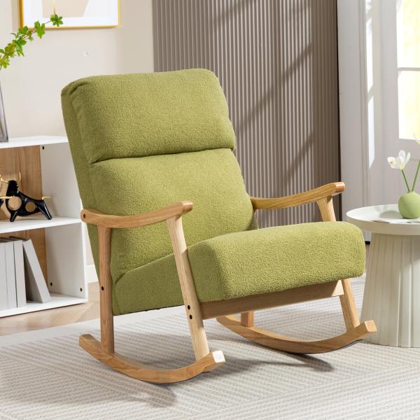 Poltrona Baloiço Moderna em Borrego com Apoio para os Braços de Madeira de Faia Poltrona de Amamentação 65x90x98 cm Verde claro