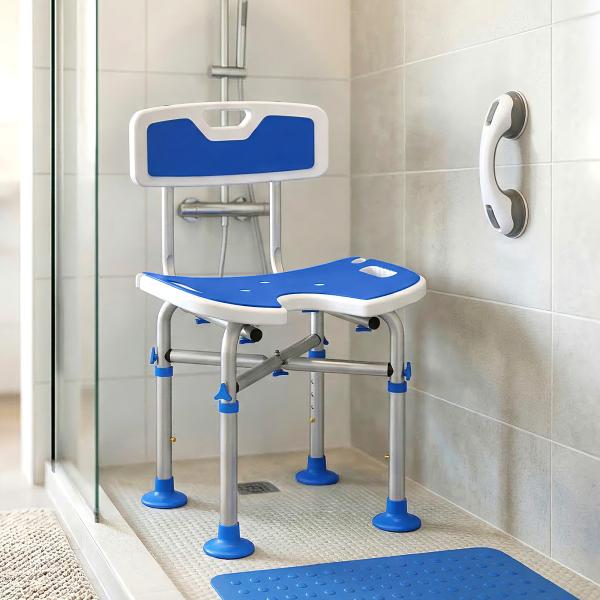 Cadeira de Duche para Pessoas Idosas Antideslizante com Altura Ajustável em 5 Posições Suporte para Duche de Mão 48x47,5x72 - 82 cm Azul