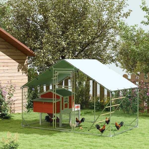 Galinheiro para Exterior 3x2 m Galinheiro de Aço Galvanizado com Comedouro Suspenso Tipo Espeto Poleiro Anti - UV Prata