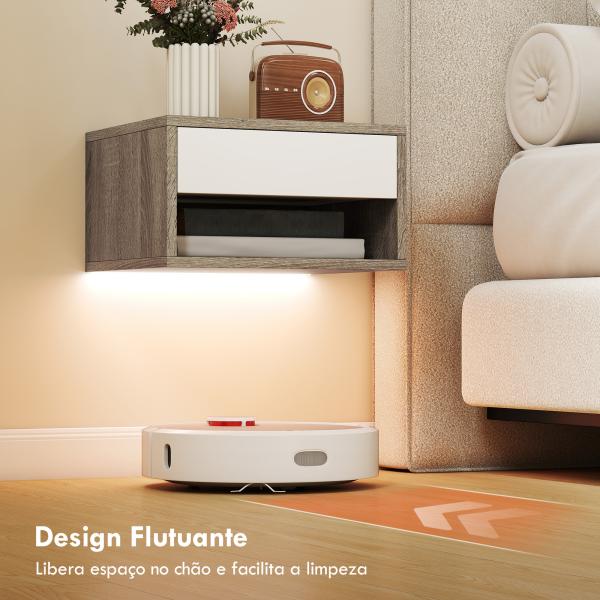 Conjunto de 2 Mesas de Cabeceira Flutuantes com Luzes LED RGB Controlo por APP e Prateleira Aberta 37x32x21 cm Madeira e Branco
