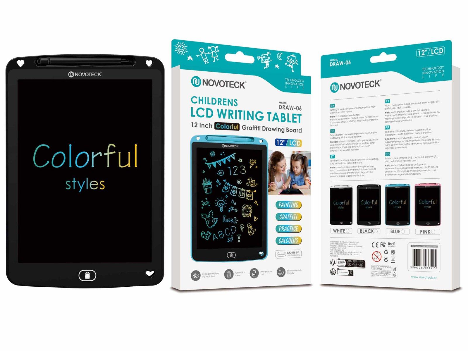 Tablet de Escrita LCD Colorido para Crianças – 12” Polegadas, DRAW-06 Negro