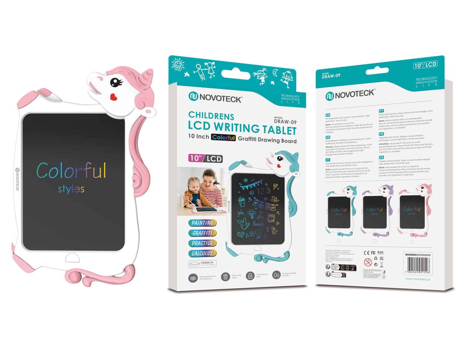 Tablet de Escrita LCD Infantil 10” Polegadas – Ecrã Colorido, Design de Unicórnio Rosa DRAW-09