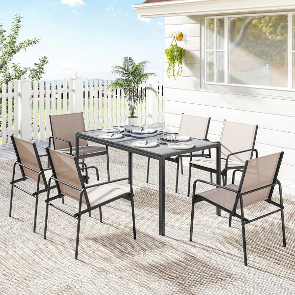 Conjunto de Mesa e Cadeiras de Jardim de 7 Peças com Mesa com Efeito Madeira e 6 Cadeiras com Assento Respirável Caqui