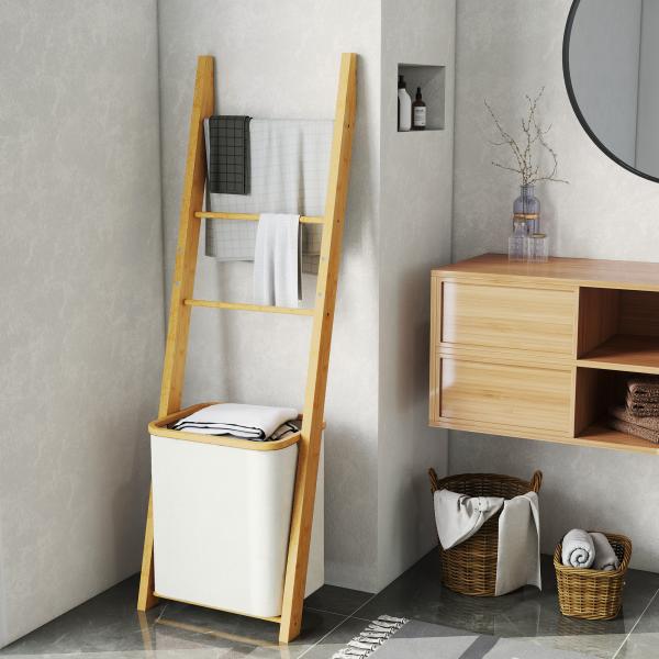 Estante para Casa de Banho de Bambu com 3 Barras e Cesto para Roupa Suja Removível de 48 L 43x35x133 cm Creme e Madeira